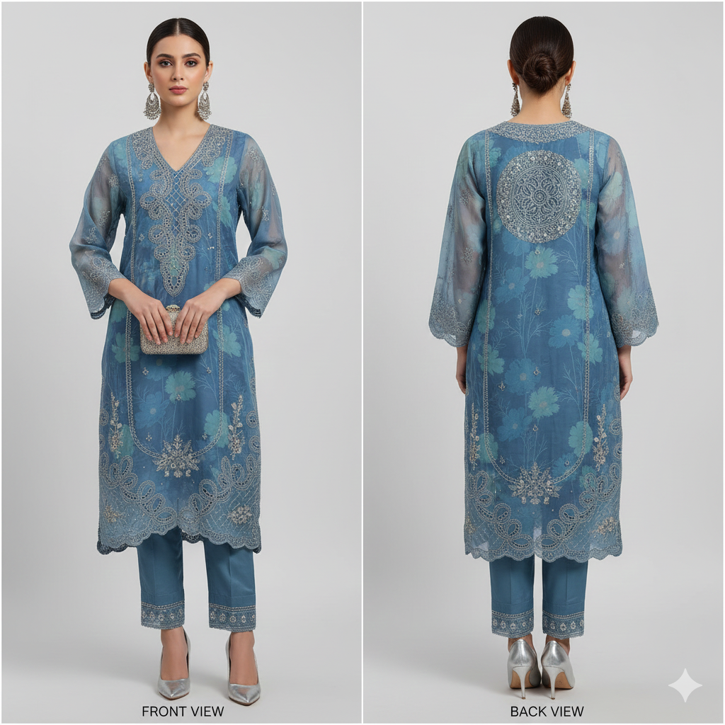 BINT-E-SAEED Luxe: Sky Blue Floral Embellished Frock