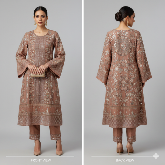 BINT-E-SAEED Luxe: Sparkling Copper Dream Frock