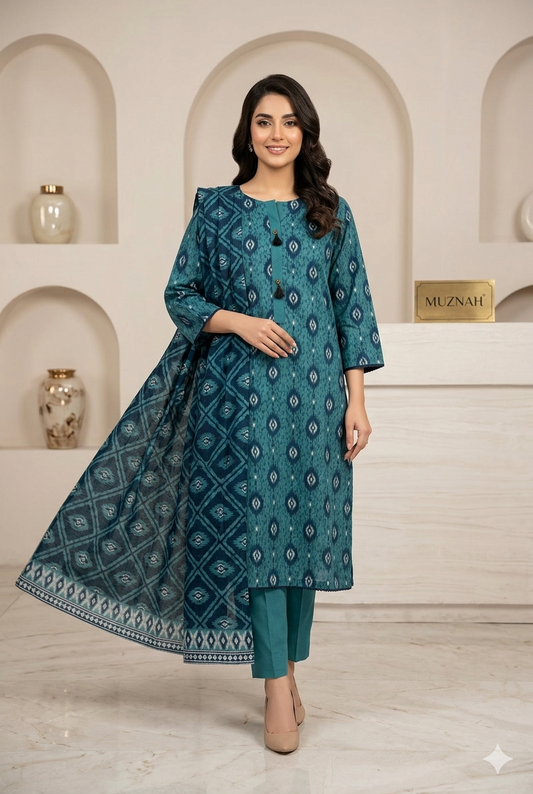 MUZNAH 3-PC stitched Printed Lawn Suit - M-14