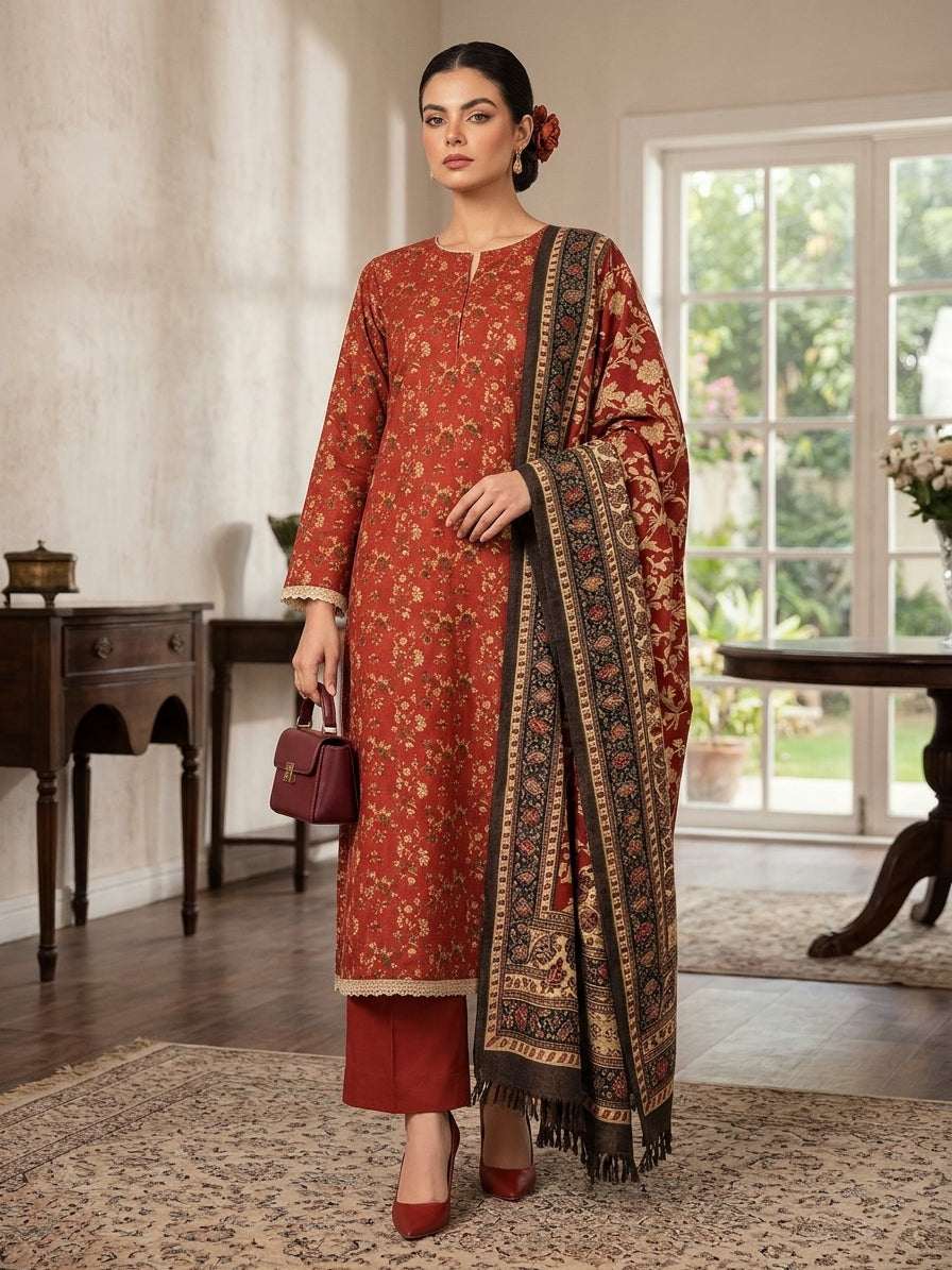 Zoya 3 Piece Printed Marina With Printed Pure China Wool Shawl MA-5