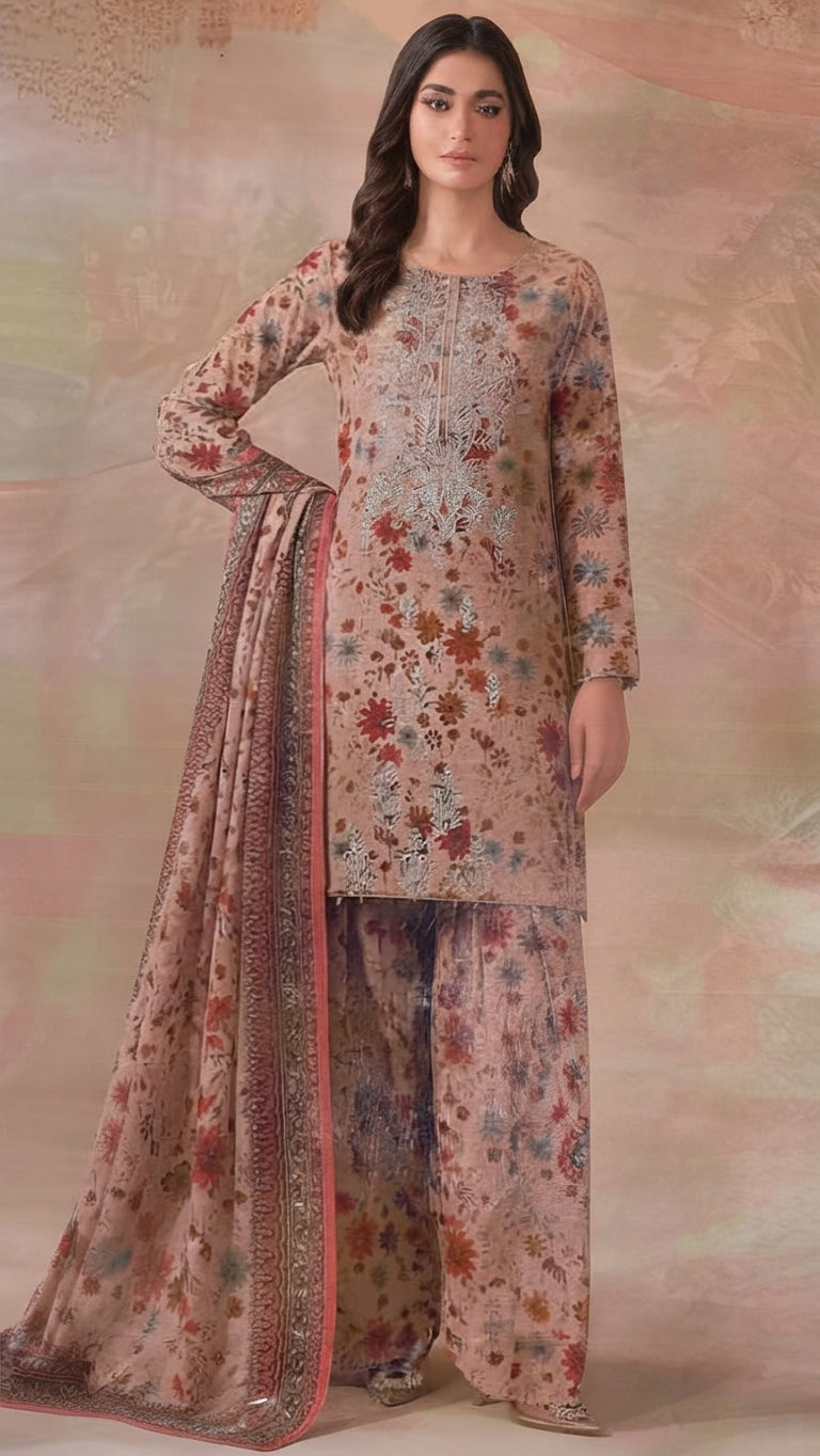 3 Piece Embroidered Linen Suit | L#40