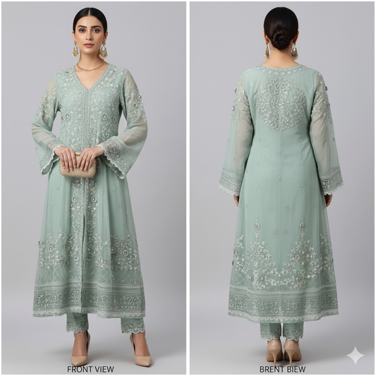 BINT-E-SAEED Luxe: Ethereal Mint Green Embroidered Frock