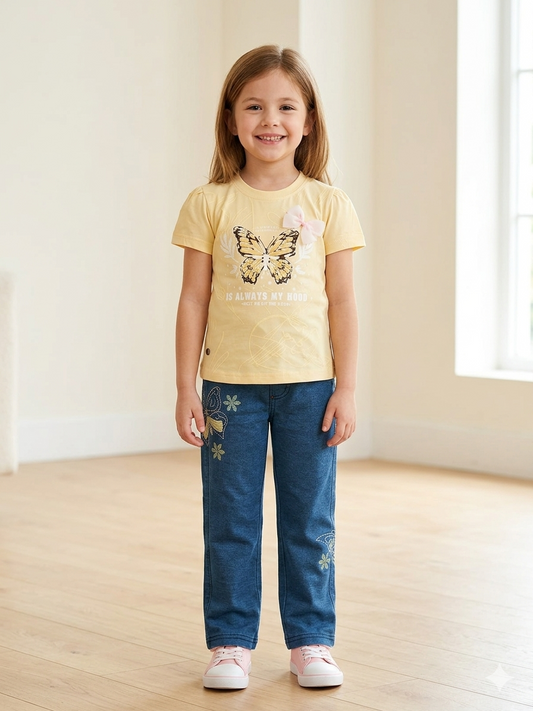 Girls Casual Summer Outfit K-10 – Butterfly Print Top with Denim Trouser