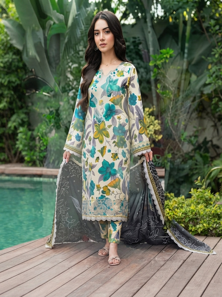 3 Piece Printed Linen sequence boring patch work - 14