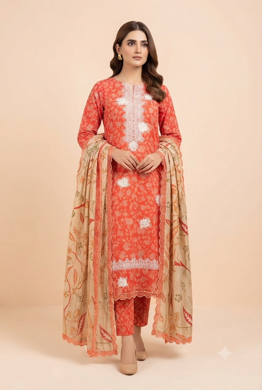 Anzish - Lawn Embroidered Front with Fourside Patti Chiffon Dupatta (D# 2402-C)