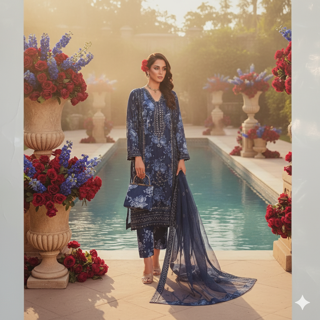 Dr. Haris | Hermosa Azure Luxury Collection - Navy Blue Stitched Suit with Adda Takai Hand Embellishment