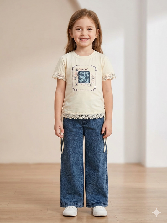 Girls Casual Summer Outfit K-12 | Top with Denim Trouser
