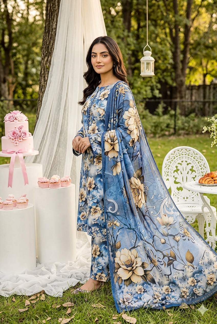 Unstitched 3-Piece Digital Print Lawn Suit B-15