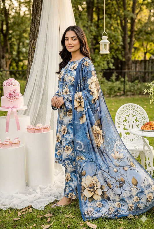 Unstitched 3-Piece Digital Print Lawn Suit B-15