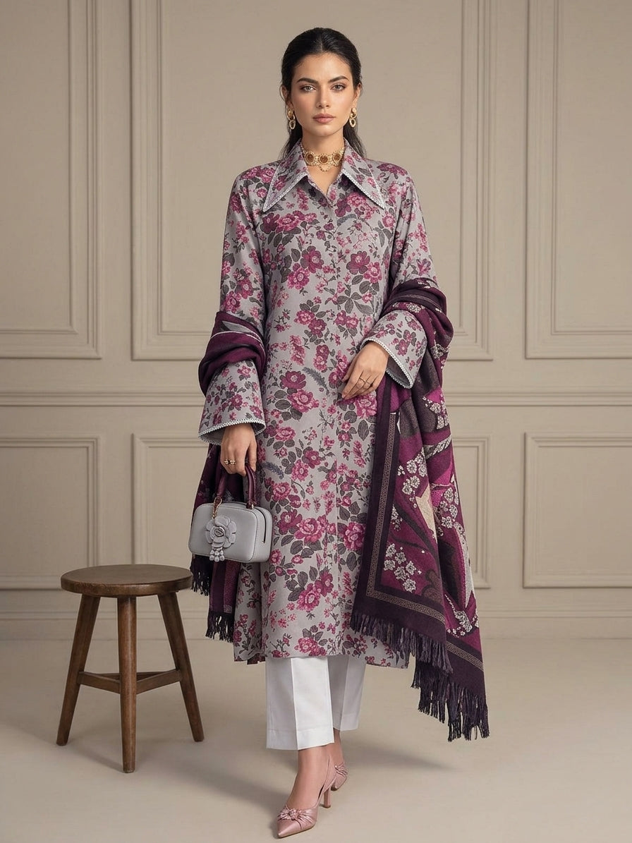Zoya 3 Piece Printed Marina With Printed Pure China Wool Shawl MA-3