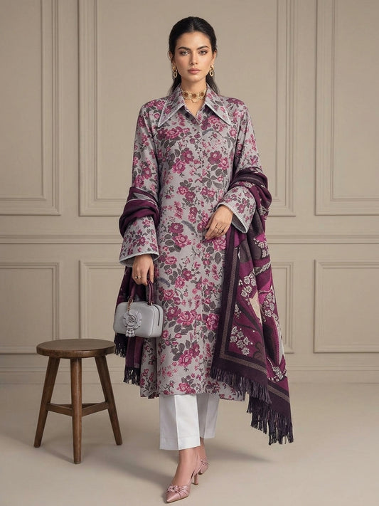 Zoya 3 Piece Printed Marina With Printed Pure China Wool Shawl MA-3