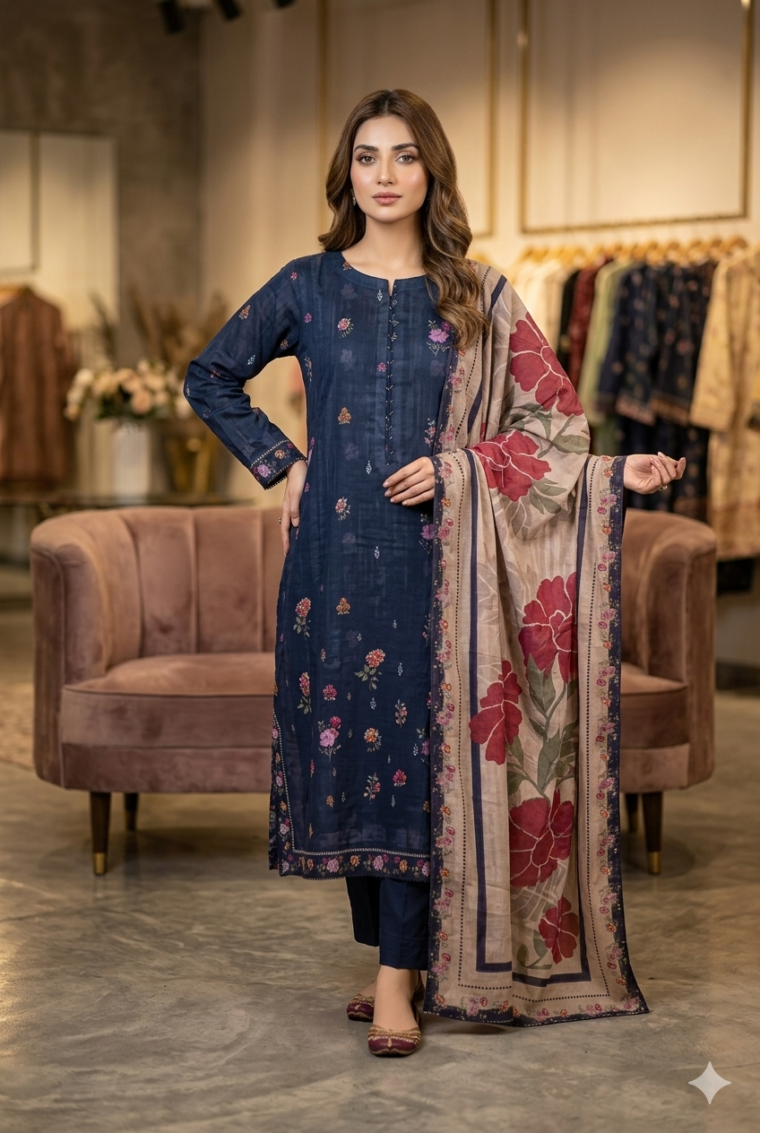 MUZNAH 3-PC Taftan Style stitched Printed Suit