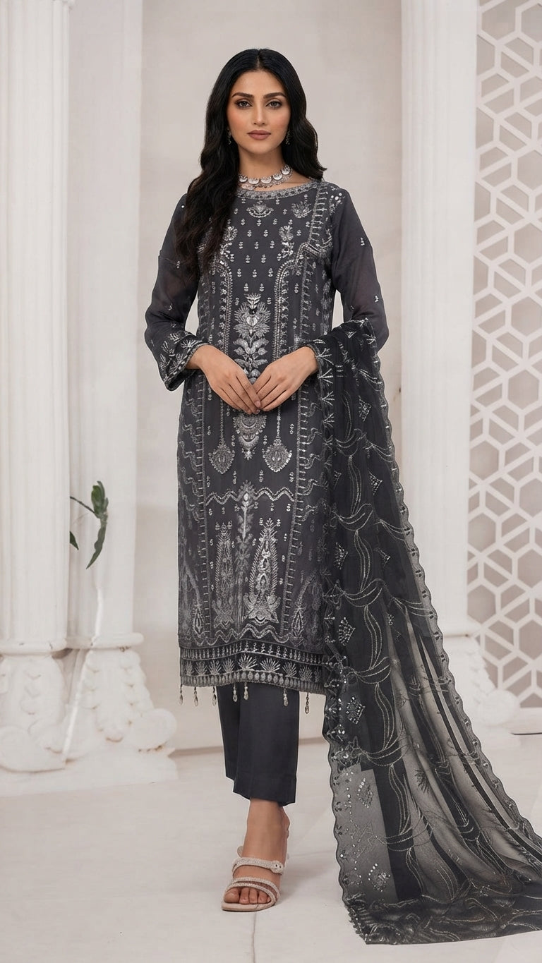 MIRAB by Bin Hameed: Luxury Embroidered Chiffon Stitch Suit - MBH-07