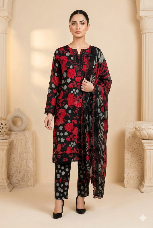 Premium Printed Lawn 3-Piece Unstitched Suit - Sequence Boring Patch Work EMB-11