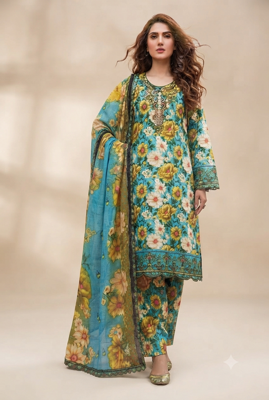 Printed Lawn 3-Piece Unstitched Suit with Sequin Patch Work (D-06)