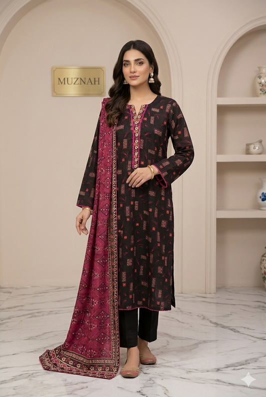 MUZNAH 3-PC stitched Printed Lawn  Suit - M-09