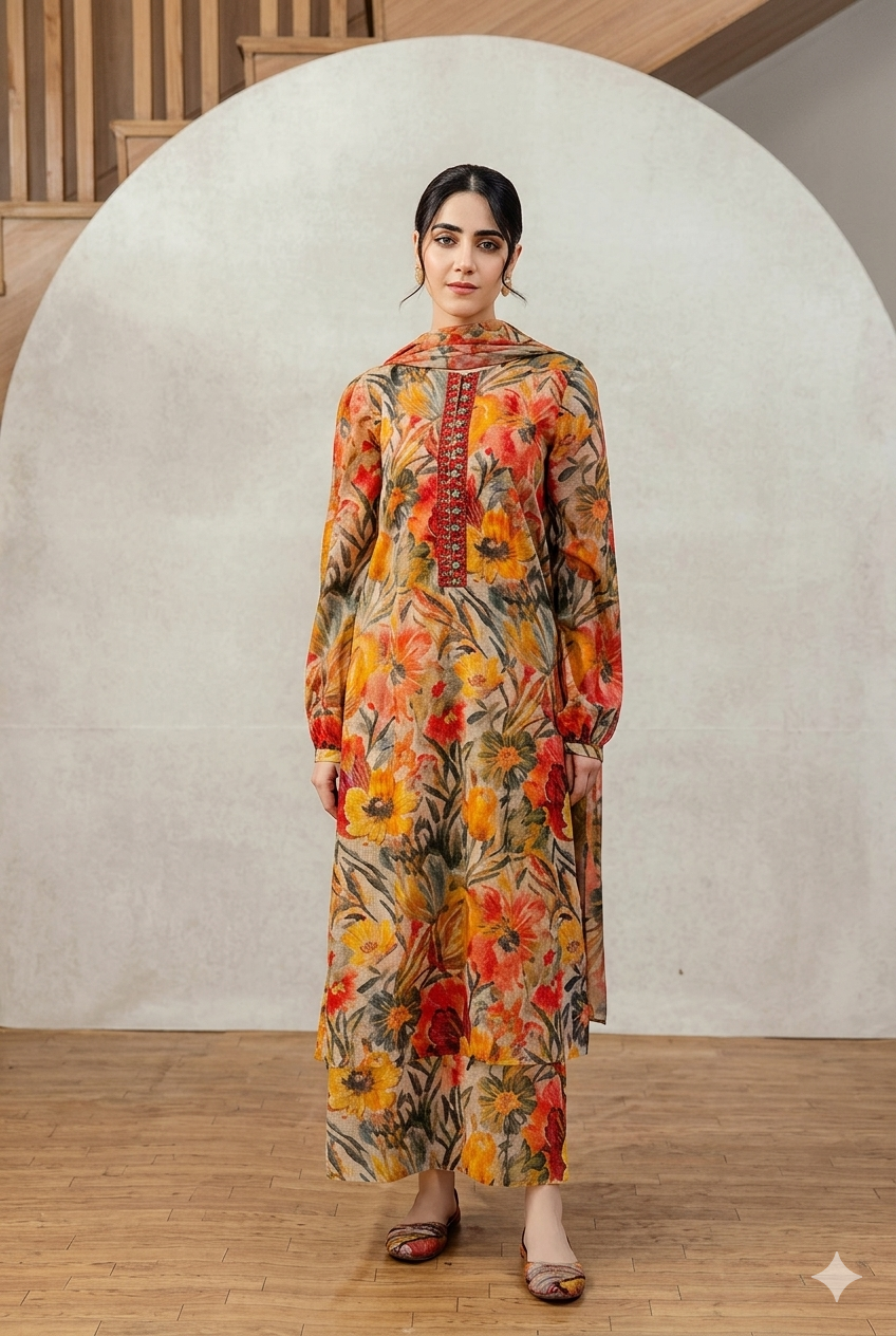 Unstitched 3-Piece Digital Print Lawn Suit B-42