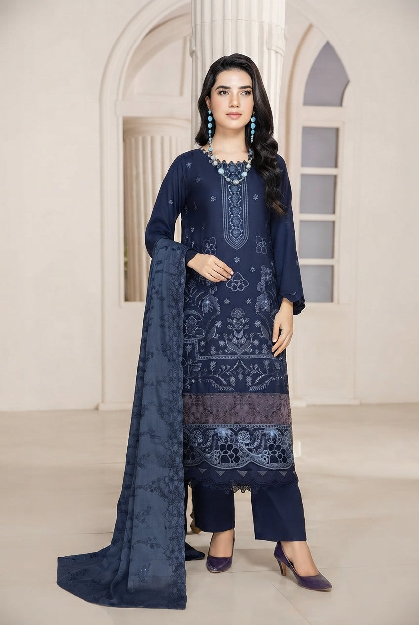 Airjet Fancy Wool Peach Embroidered Suit | Alif Vol-555 (Design - 06)