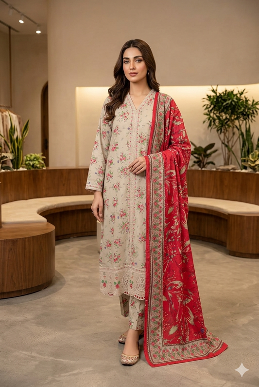 MUZNAH 3-PC Embroidered stitched Printed Suit
