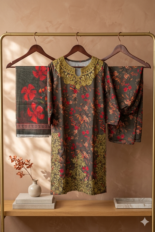 Luxury Embroidered Bana Dora Silk 3-Piece Stitched Suit M-02
