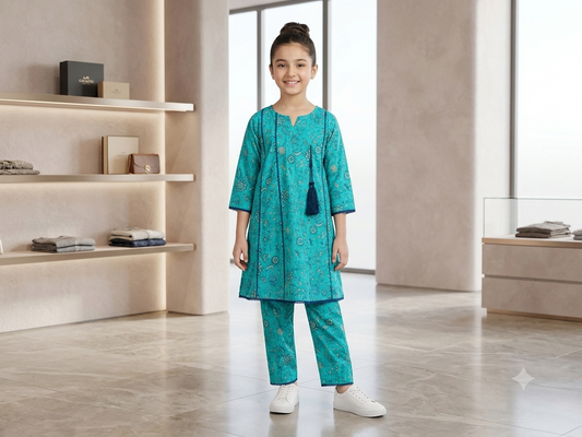 Bin Saeed Girls Printed 2 Piece Stitched Frock Suit | Sizes 6-14 years