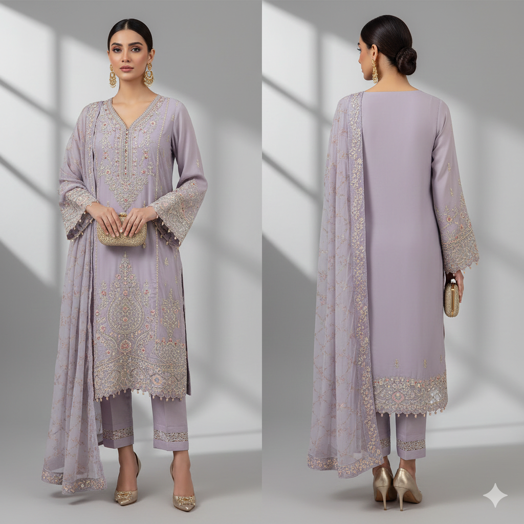 BINT-E-SAEED Luxe: Lavender Dreams Embroidered Frock