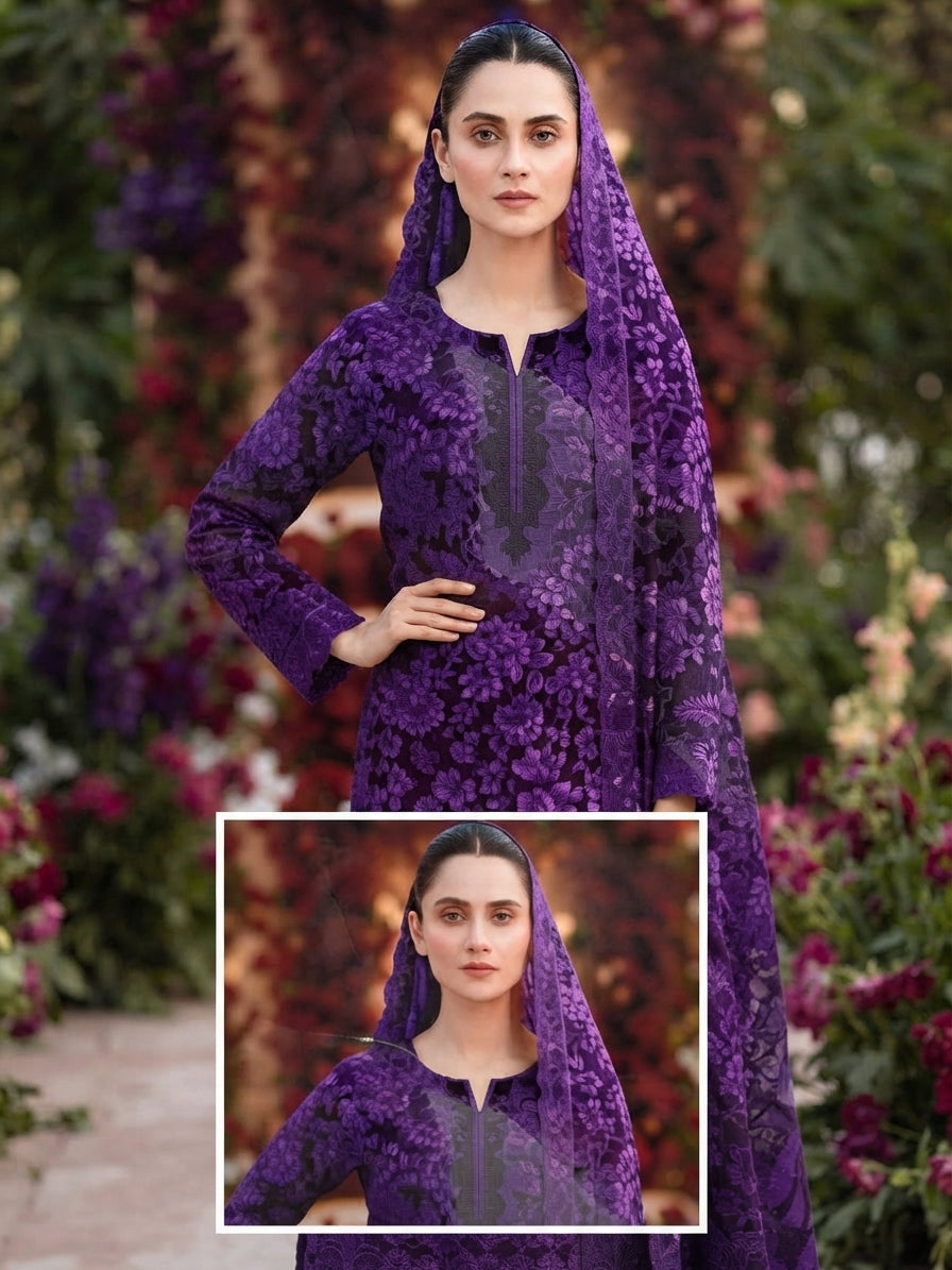 3 Piece Printed Linen sequence boring patch work - 17