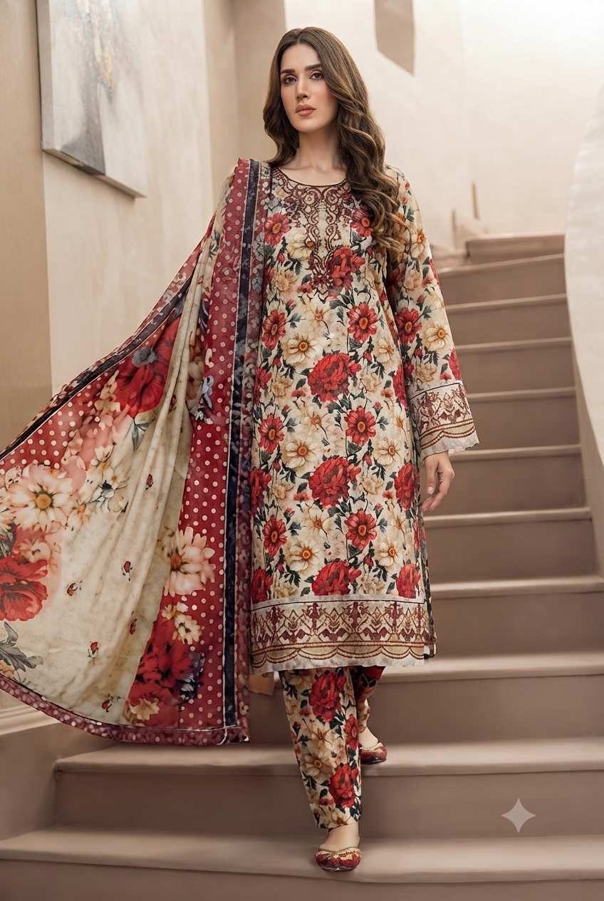 Printed Lawn 3-Piece Unstitched Suit with Sequin Patch Work (D-03)