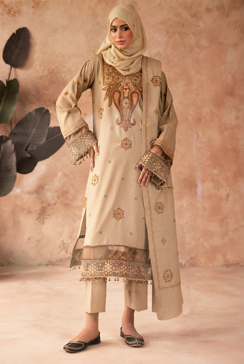 Gul e Zarki Embroidered Wool Touch I.T Pashmina 3-Piece Suit - D-01