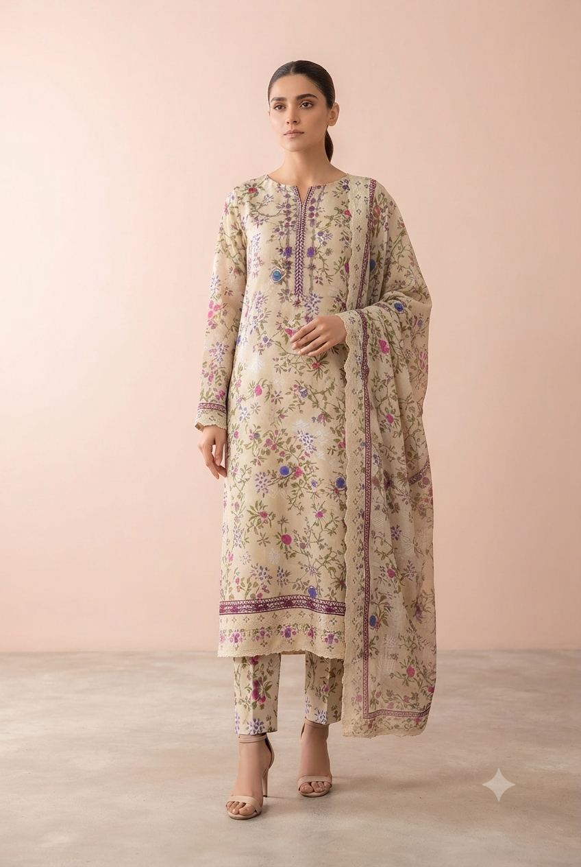 Anzish - Lawn Embroidered Front with Fourside Patti Chiffon Dupatta (D# 2410)