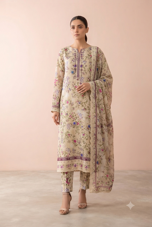 Anzish - Lawn Embroidered Front with Fourside Patti Chiffon Dupatta (D# 2410)