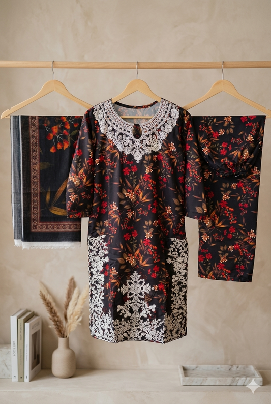 Luxury Embroidered Bana Dora Silk 3-Piece Stitched Suit M-15