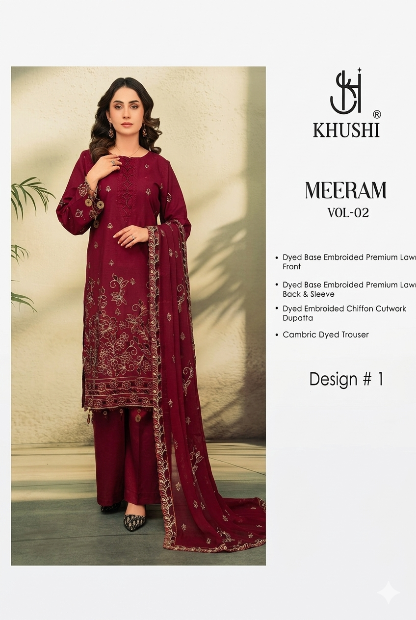 Khushi Meeram Luxury Embroidered Lawn Suit Vol-2 – Design # 1