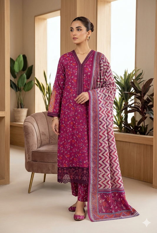 MUZNAH 3-PC Embroidered stitched Printed Suit