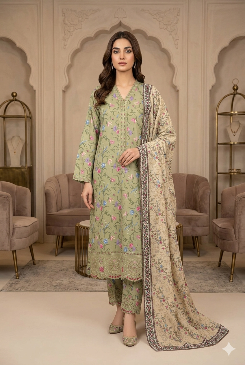 MUZNAH 3-PC Embroidered stitched Printed Suit