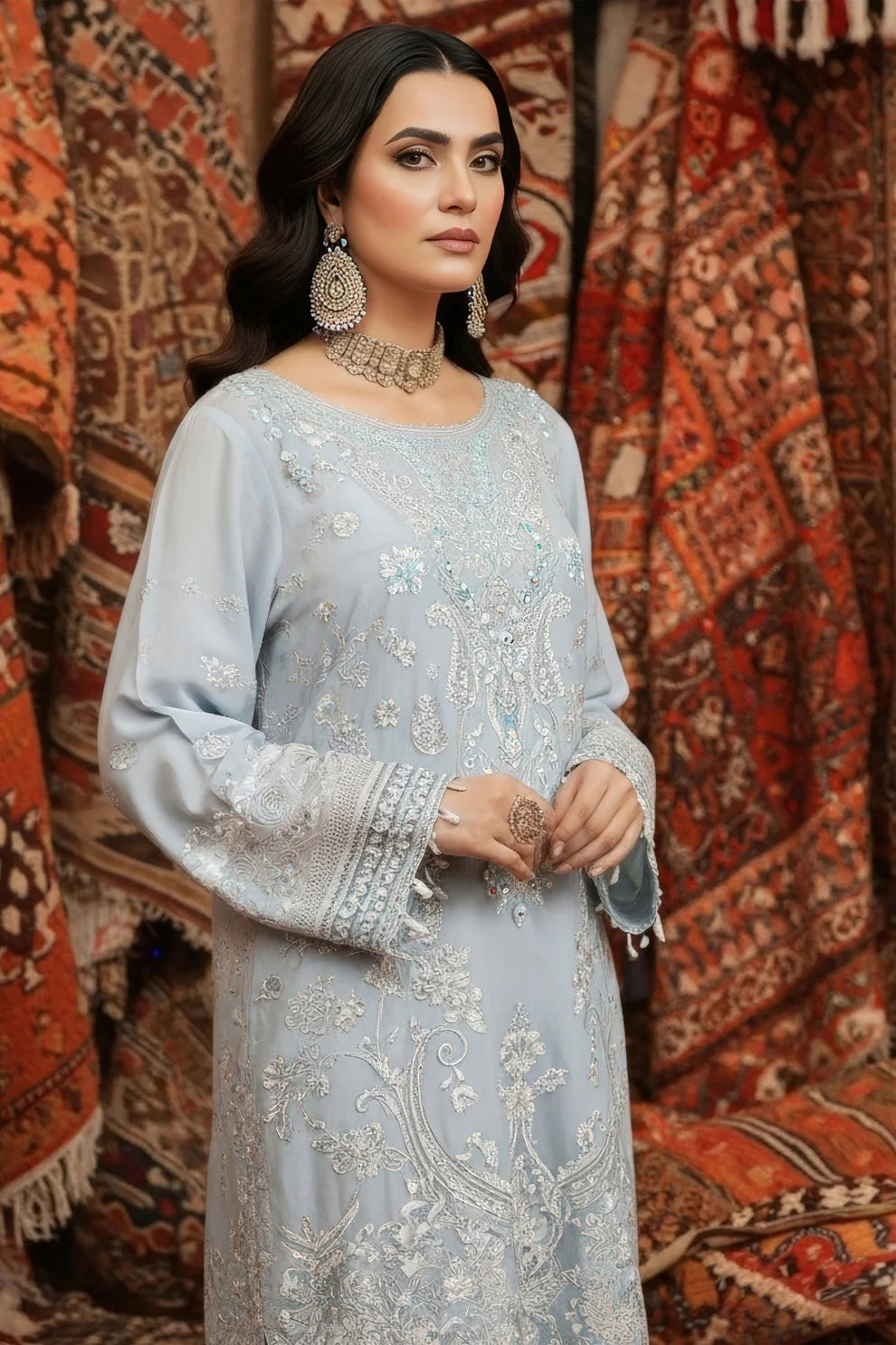 MEHR-E-MAH by Imrozia | Serene I-243 Elif-e-Noor Luxury Embroidered Grey Chiffon Suit