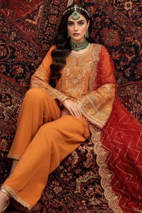 Imrozia | Serene I-244 Esmara Luxury Embroidered Orange Chiffon Suit