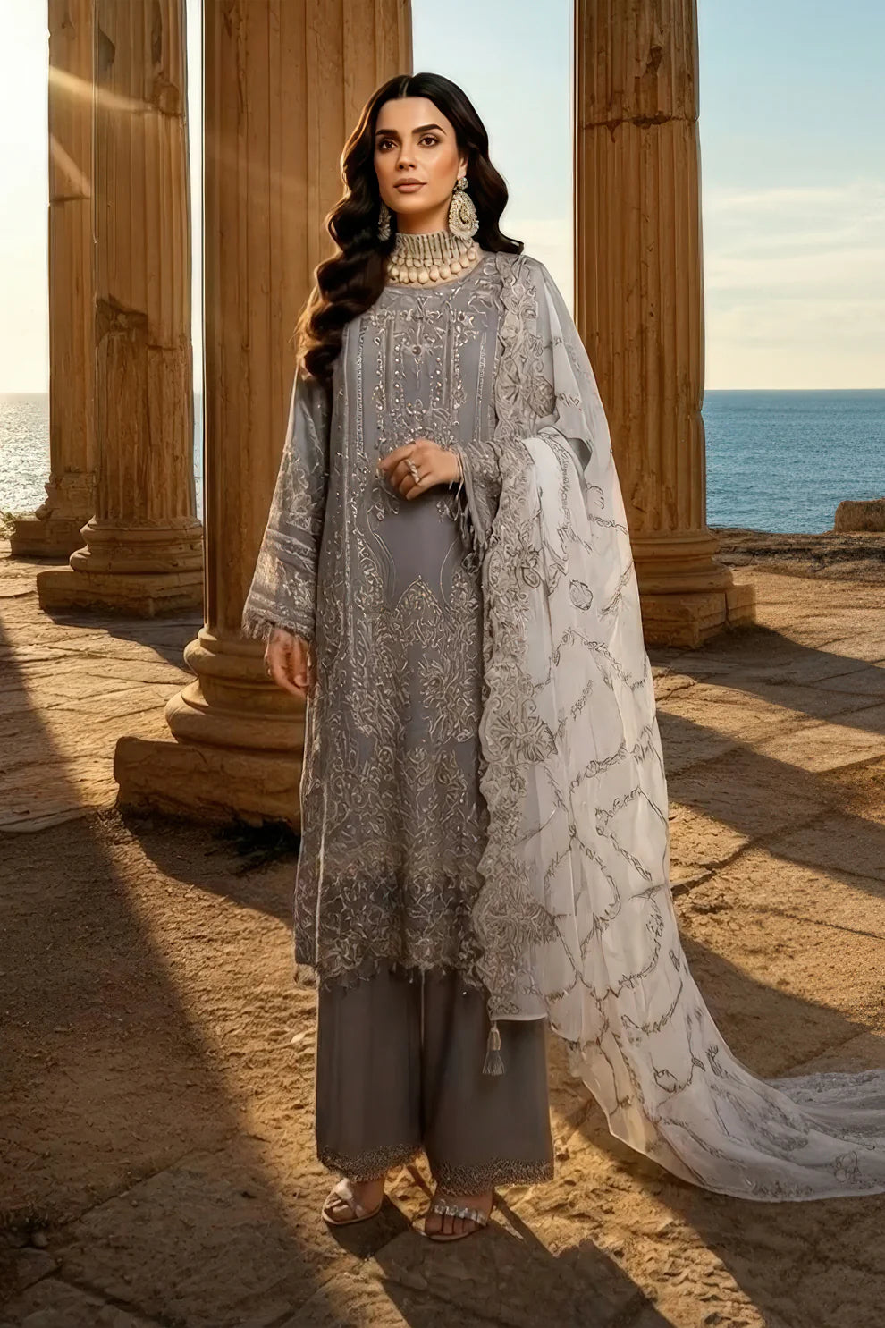 Imrozia | Serene I-246 Lalezar Luxury Embroidered Dark Grey Chiffon Suit