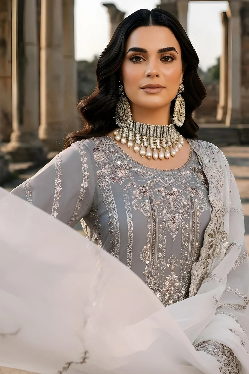 Imrozia | Serene I-246 Lalezar Luxury Embroidered Dark Grey Chiffon Suit