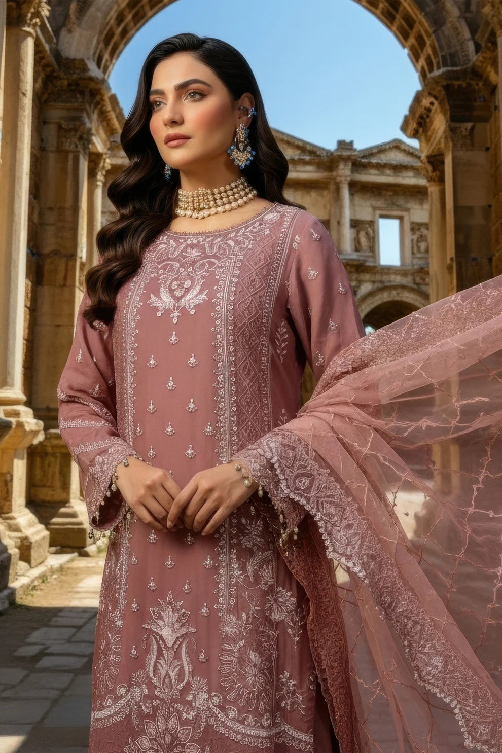 Imrozia | Serene I-247 Aysel Luxury Embroidered Tea Pink Chiffon Suit