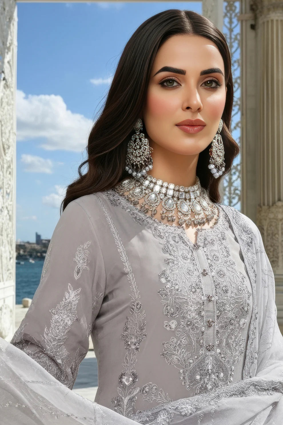 Imrozia | Serene I-248 Feray Luxury Embroidered Light Grey Chiffon Suit