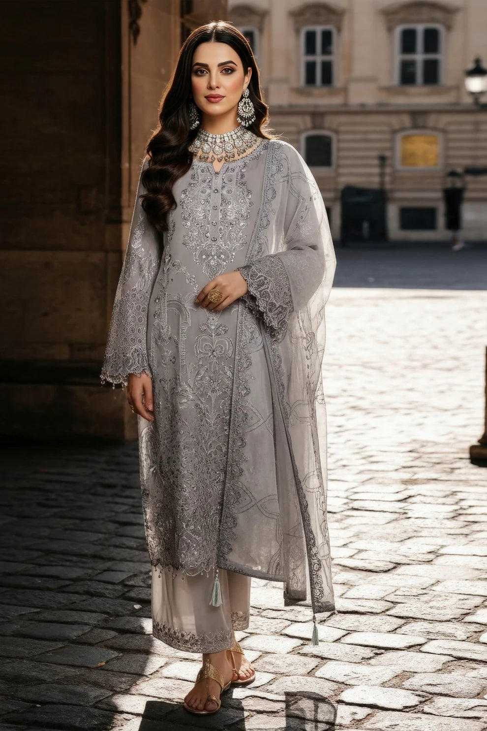 Imrozia | Serene I-248 Feray Luxury Embroidered Light Grey Chiffon Suit
