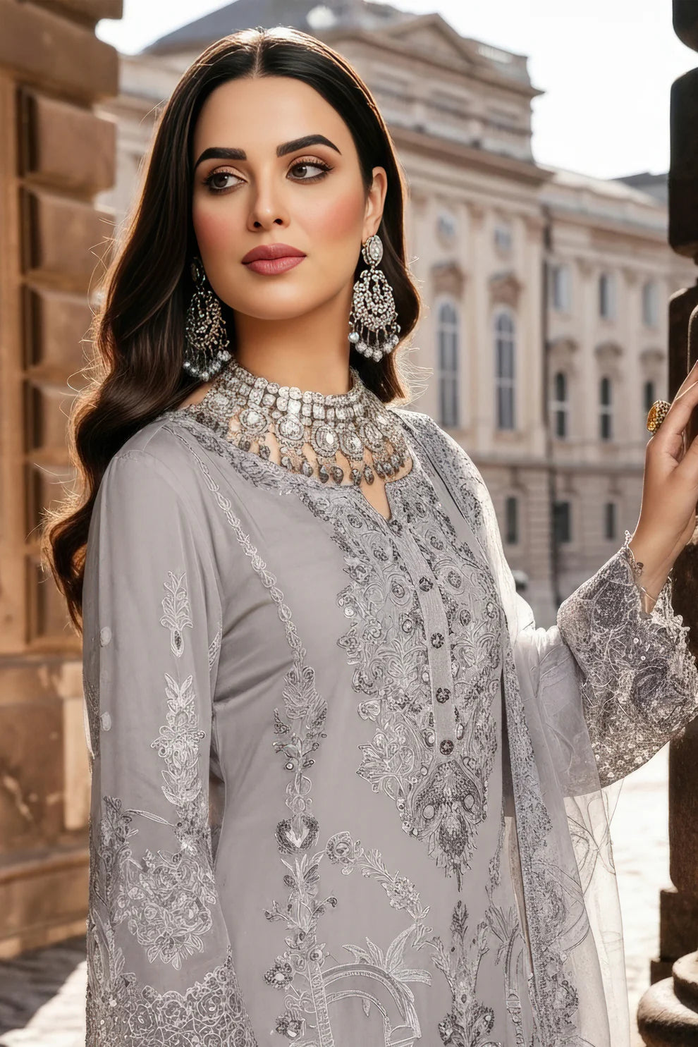Imrozia | Serene I-248 Feray Luxury Embroidered Light Grey Chiffon Suit