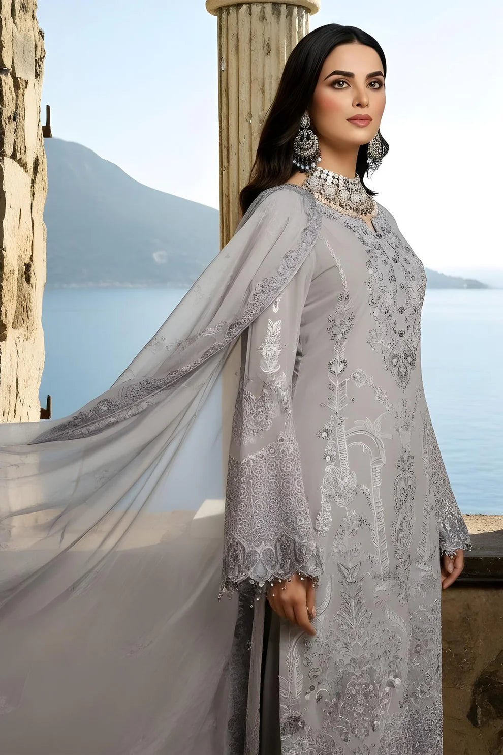 Imrozia | Serene I-248 Feray Luxury Embroidered Light Grey Chiffon Suit