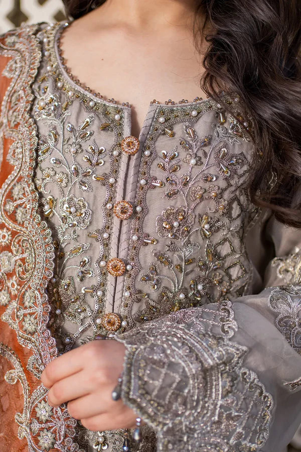 Imrozia Serene I-227 MISR - Royal Skin Embroidered Organza Formal Suit with Orange Dupatta (Unstitched 3-Piece)