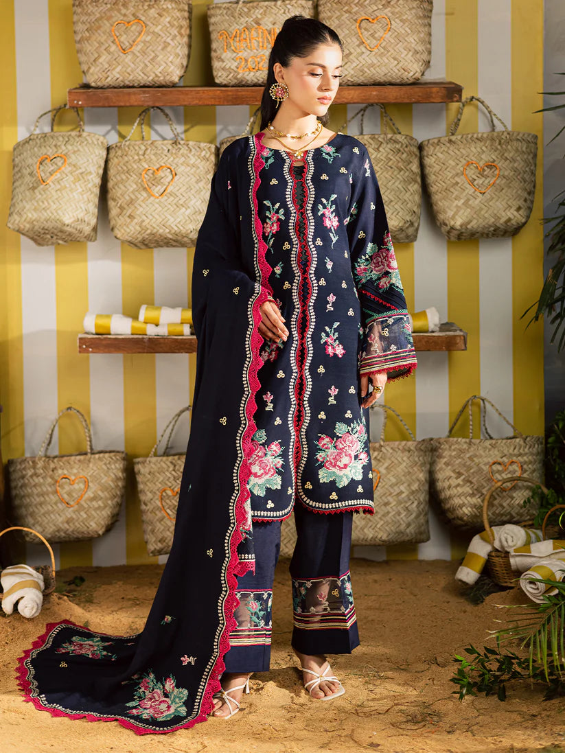 MAHNUR K-06 | Luxurious Embroidered Slub Linen 3-Piece Unstitched Suit with Monark Dupatta