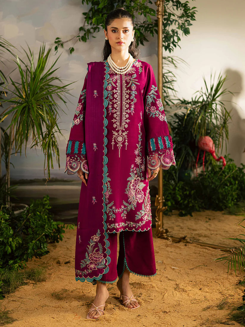 Mahnur | K-09 | Kaia Slub Linen '25 – Embroidered 3-Piece Unstitched Suit (Berry)