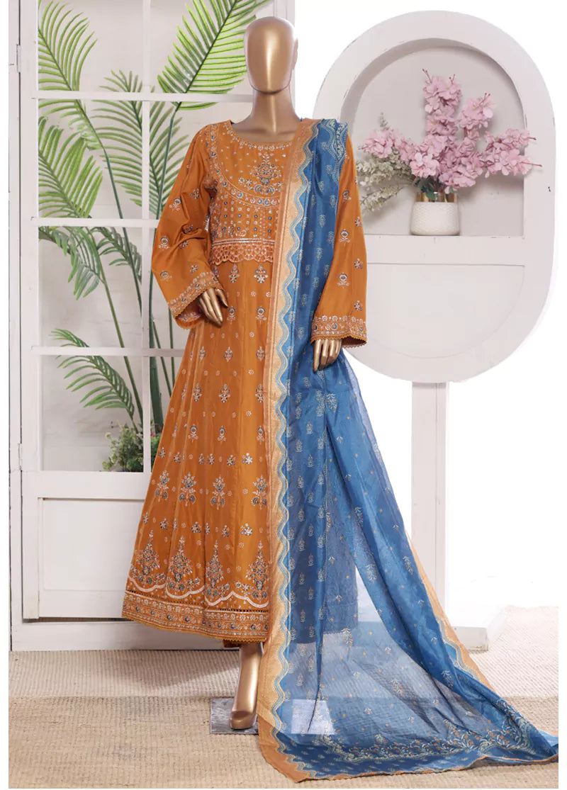 3 Piece Embroidred Stitched Lawn Frock with Trouser & Dupatta | BS-15