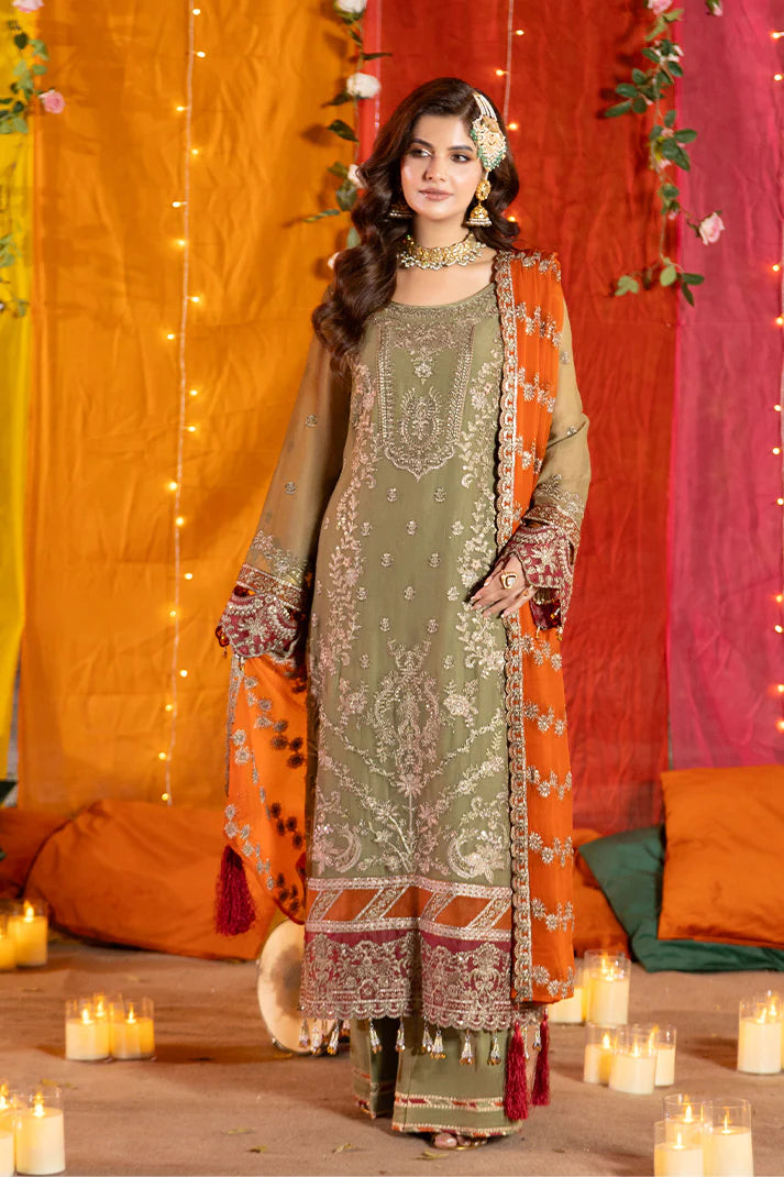 Imrozia Serene M-104 Noura | Mehndi Green Luxury Embroidered Chiffon Suit (Unstitched)