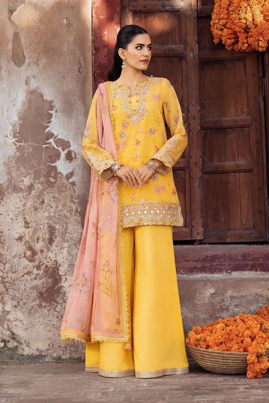 Maria B. MB-FUS25-804 | Radiant Mustard Embroidered Silk Cotton Net 3-Piece Unstitched Suit with Digital Silk Dupatta